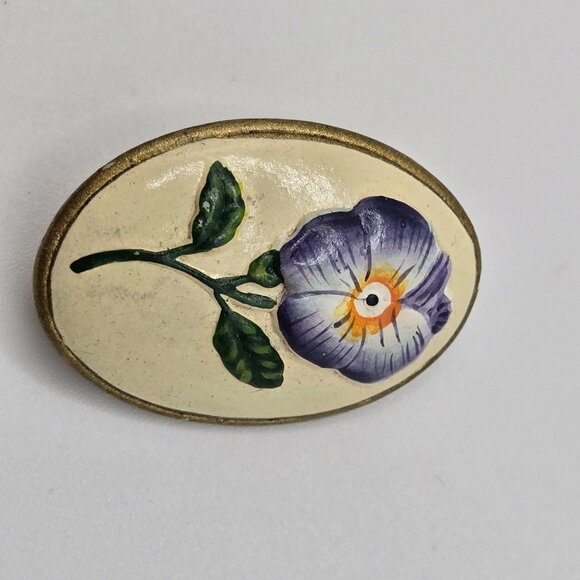 VTG Brooch Art Nouveau Oval Ceramic Hand Painted Floral Pin Jewelry Fairy Boho - Picture 2 of 10